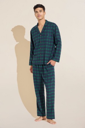 Eberjey Flannel Long PJ Set Men Pajamas Navy Green | UBW2817KW