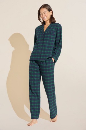 Eberjey Flannel Long PJ Set Women Pajamas Navy Green | CFT2168TT