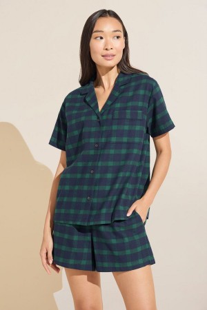 Eberjey Flannel Short PJ Set Women Pajamas Navy Green | LTB2096QR