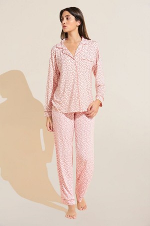 Eberjey Gisele Printed TENCEL™ Modal Long PJ Set Women Pajamas Dark Red Pink White | PJK8382PY