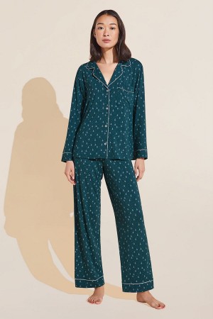 Eberjey Gisele Printed TENCEL™ Modal Long PJ Set Women Pajamas Dark Green White | PKI1812WP