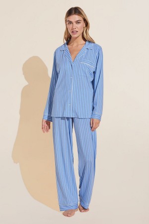 Eberjey Gisele Printed TENCEL™ Modal Long PJ Set Women Pajamas Blue White | TKJ5960ES