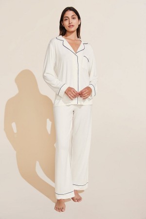 Eberjey Gisele TENCEL™ Modal Long PJ Set Women Pajamas White Navy | OEC5837JT