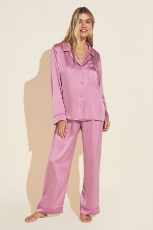 Eberjey Inez Washable Silk Long PJ Set Women Pajamas Italian Rose Pink | CML5472LM