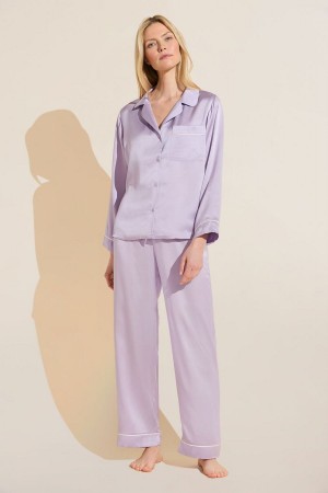 Eberjey Inez Washable Silk Long PJ Set Women Pajamas Purple White | GAF9837GM