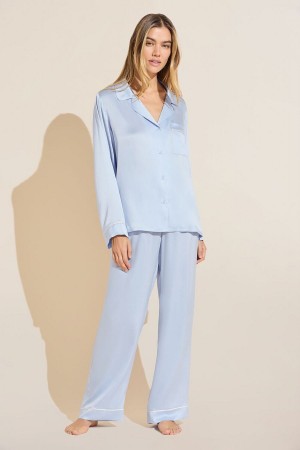 Eberjey Inez Washable Silk Long PJ Set Women Pajamas Blue | MPQ8711HD