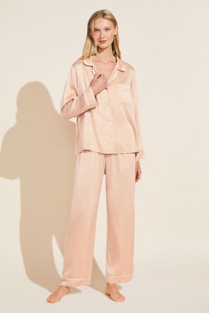 Eberjey Inez Washable Silk Long PJ Set Women Pajamas Rose Beige | SEP5445ST