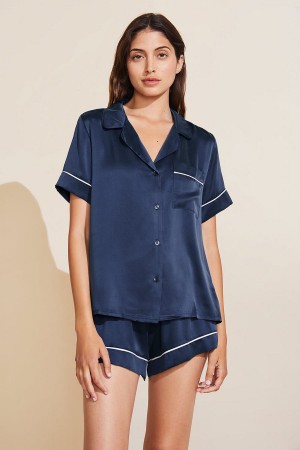 Eberjey Inez Washable Silk Short PJ Set Women Pajamas Navy | XPI6895NR