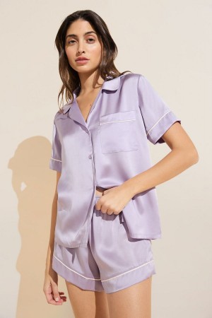 Eberjey Inez Washable Silk Short PJ Set Women Pajamas Purple White | IFL649HM