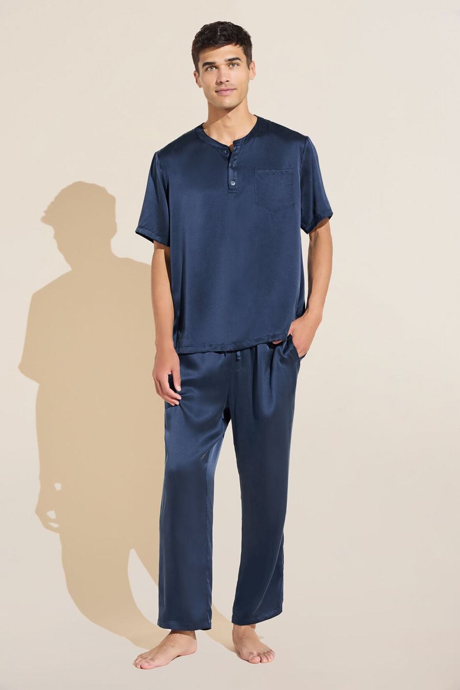 Eberjey Charles Washable Silk Short Sleeve & Pant PJ Set Men Pajamas Navy | HGR6655PY