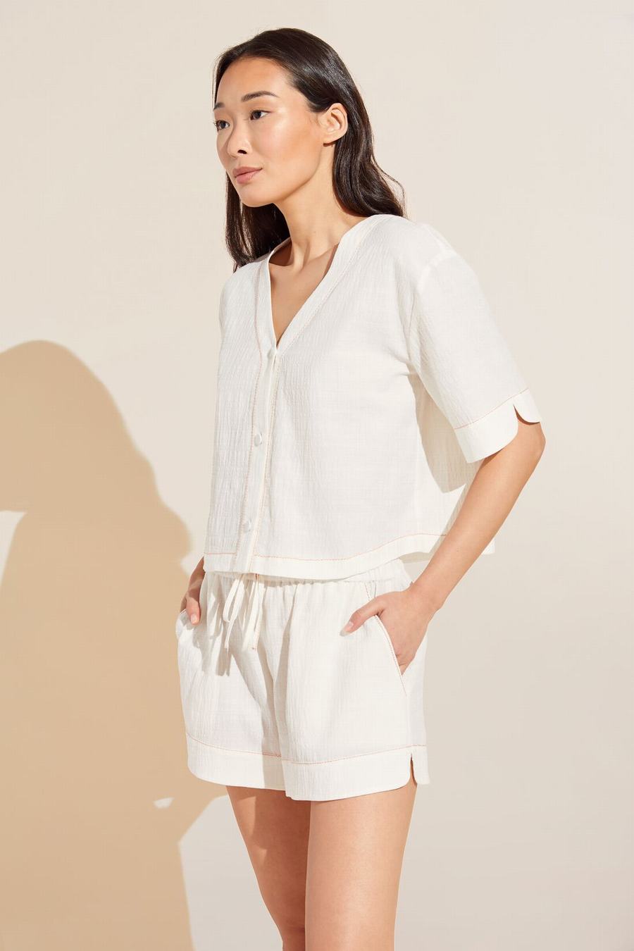 Eberjey Crinkle Woven Short Sleeve Top & Short Set Women Pajamas White | OCR7640LL