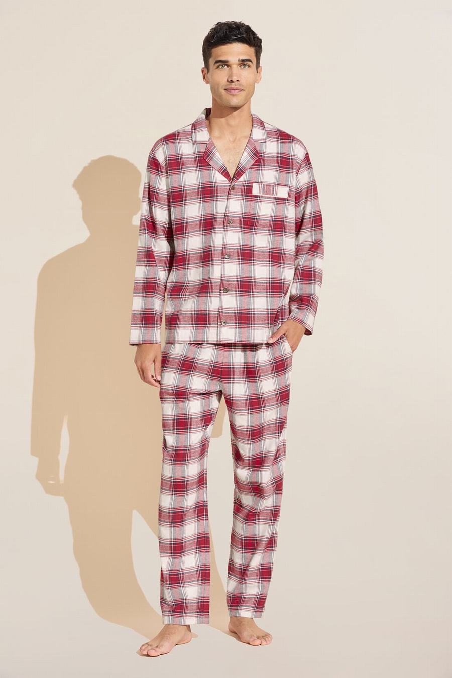 Eberjey Flannel Long PJ Set Men Pajamas Red White | ONP4747NA