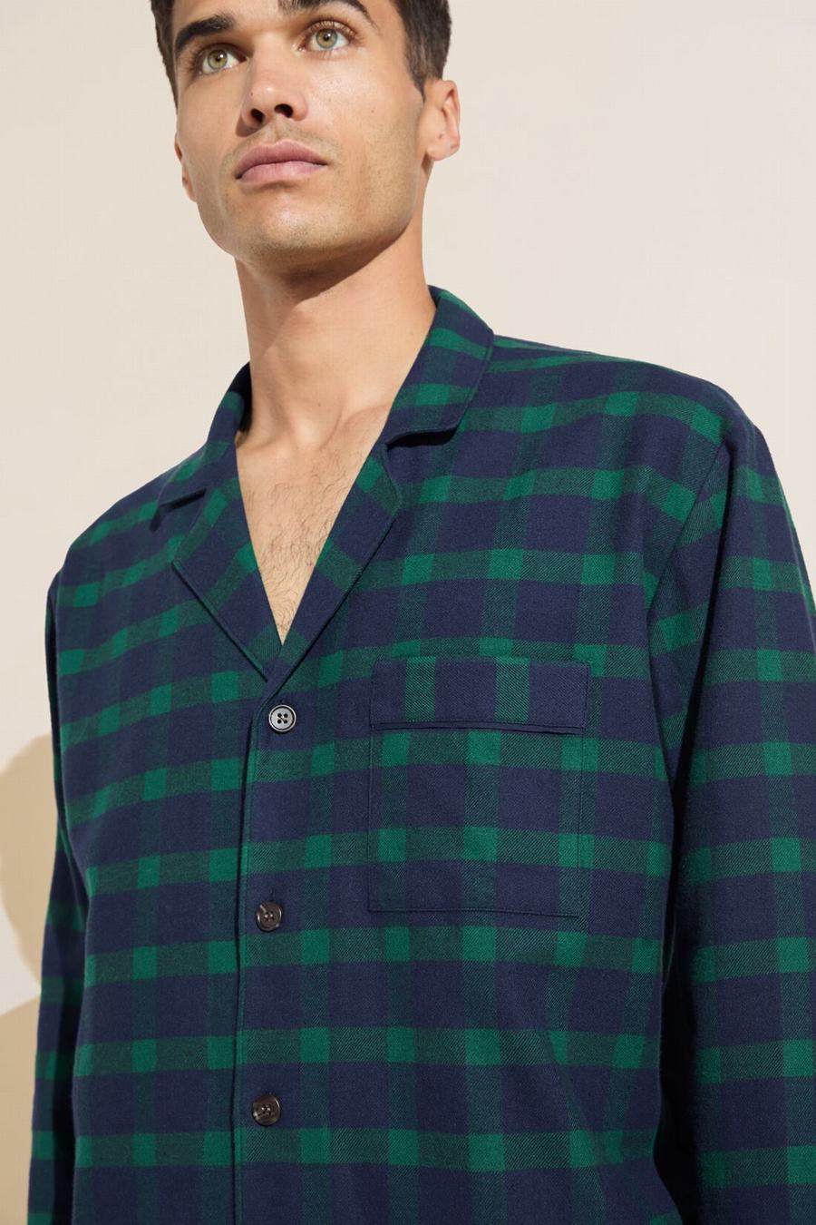 Eberjey Flannel Long PJ Set Men Pajamas Navy Green | UBW2817KW