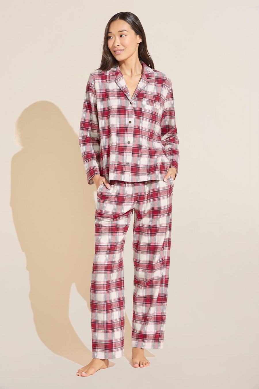 Eberjey Flannel Long PJ Set Women Pajamas Red White | OXD7974KA