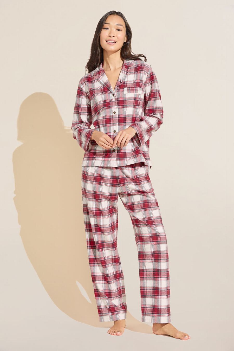 Eberjey Flannel Long PJ Set Women Pajamas Red White | OXD7974KA