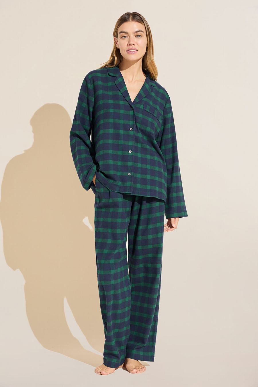 Eberjey Flannel Long PJ Set Women Pajamas Navy Green | CFT2168TT