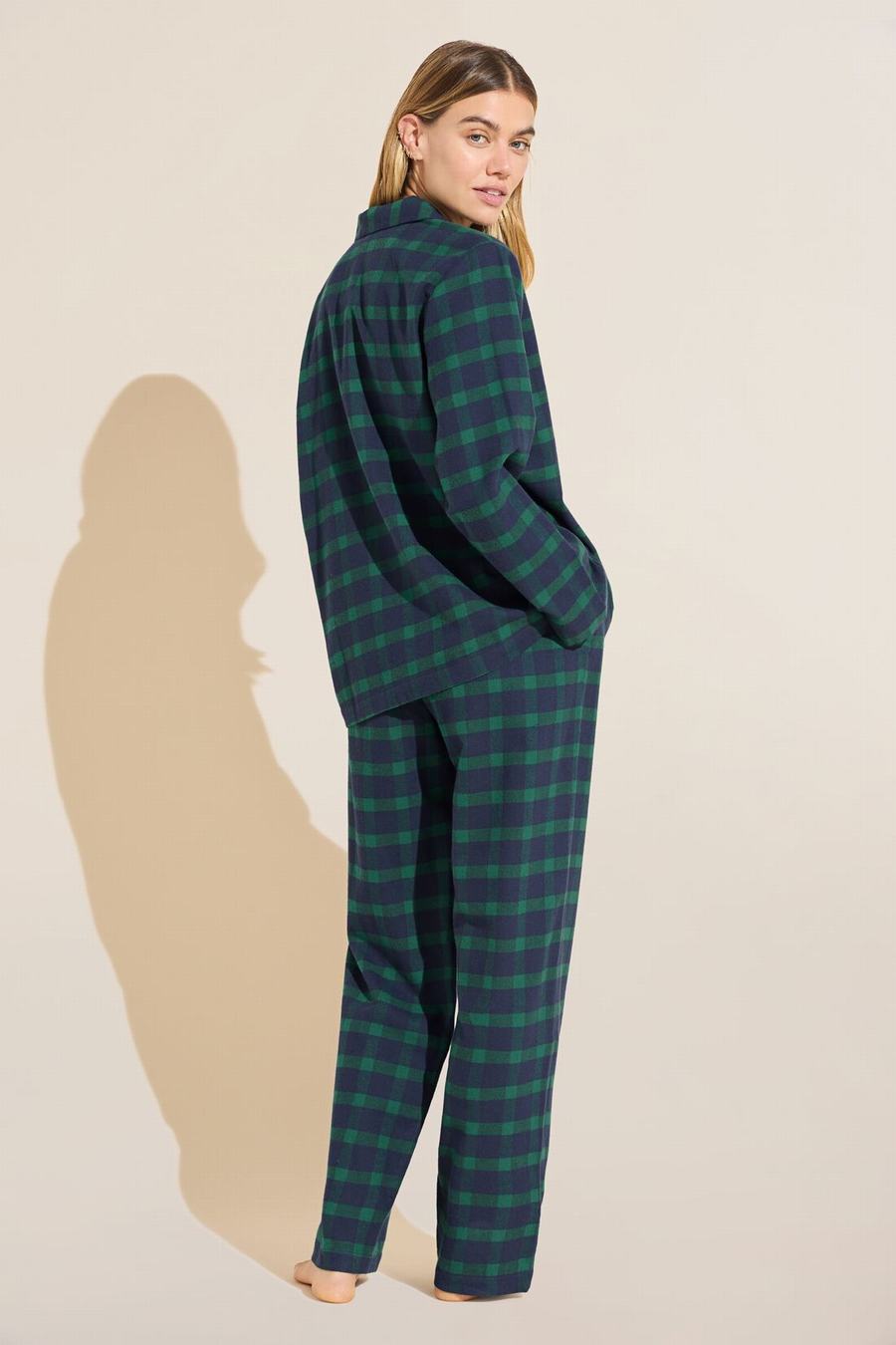 Eberjey Flannel Long PJ Set Women Pajamas Navy Green | CFT2168TT