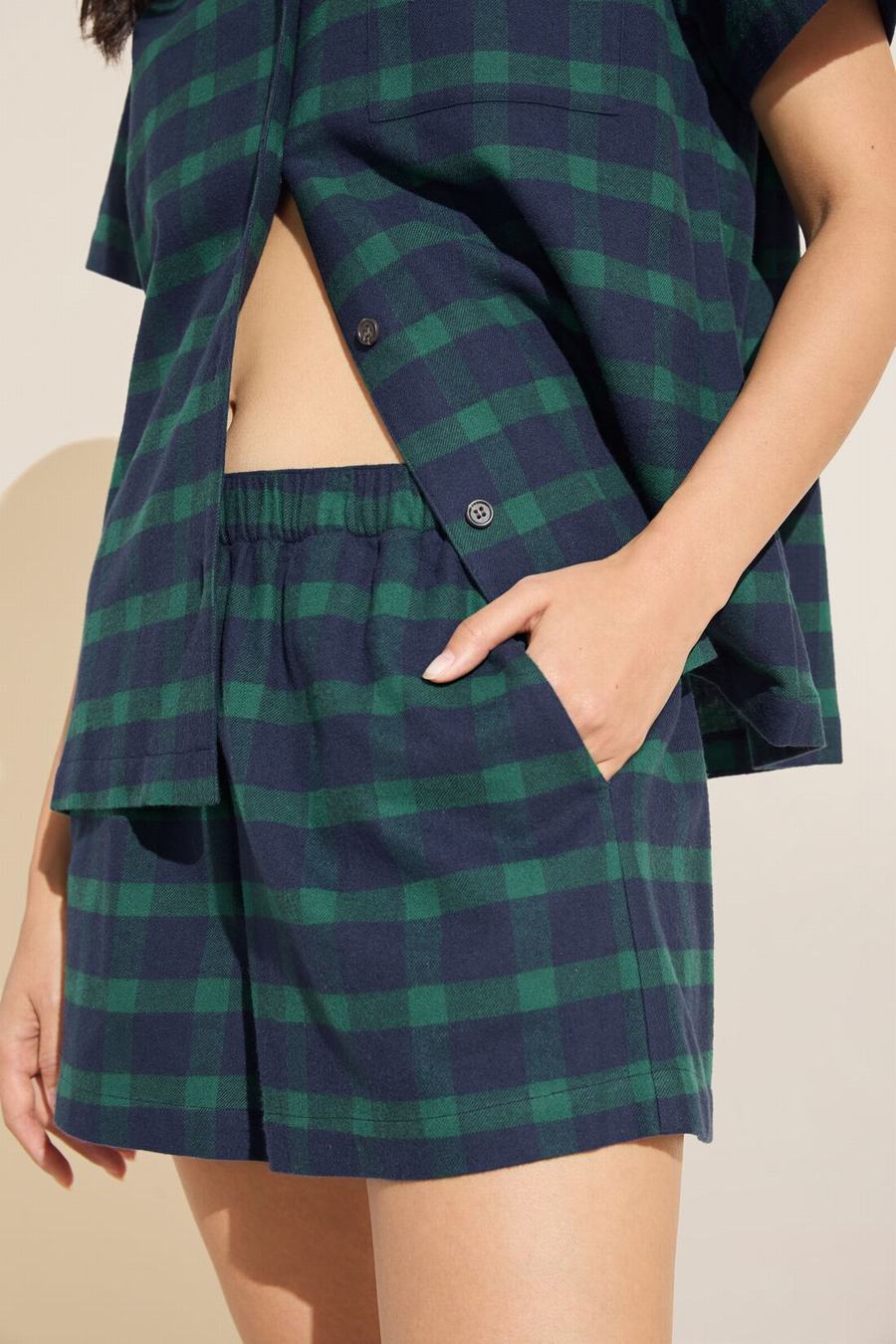 Eberjey Flannel Short PJ Set Women Pajamas Navy Green | LTB2096QR