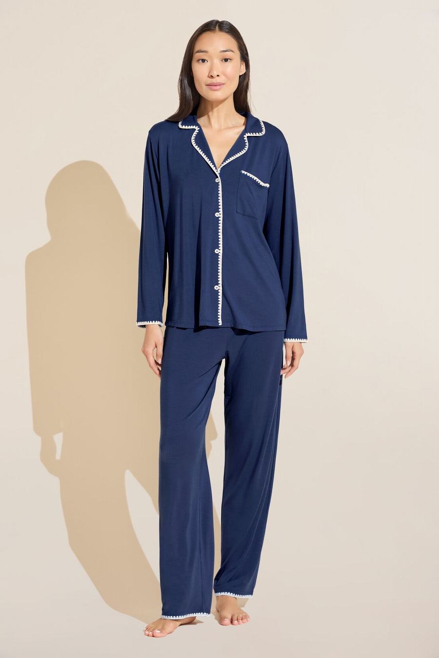 Eberjey Frida TENCEL™ Modal Long PJ Set Women Pajamas Navy White | ASD2490WH