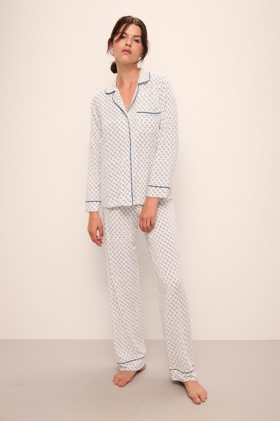 Eberjey Gisele Printed TENCEL™ Modal Long PJ Set Women Pajamas White Blue | JNG6746RV