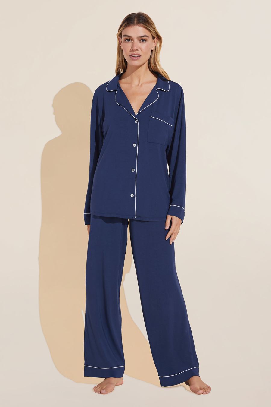 Eberjey Gisele TENCEL™ Modal Long PJ Set Women Pajamas Navy White | JPA239FR