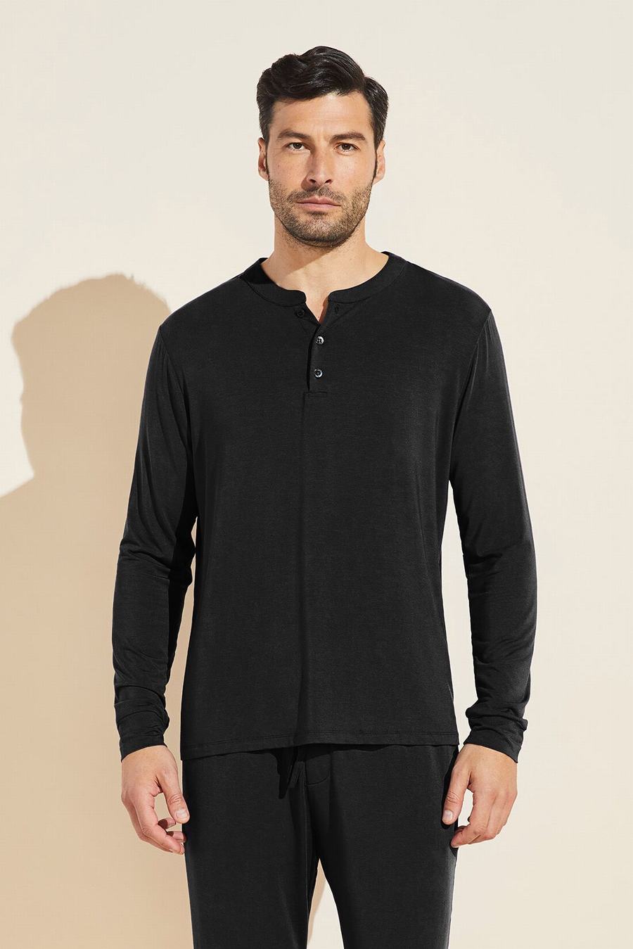 Eberjey Henry TENCEL™ Modal Long Sleeve Henley Men Tops Black | HGY9489GI