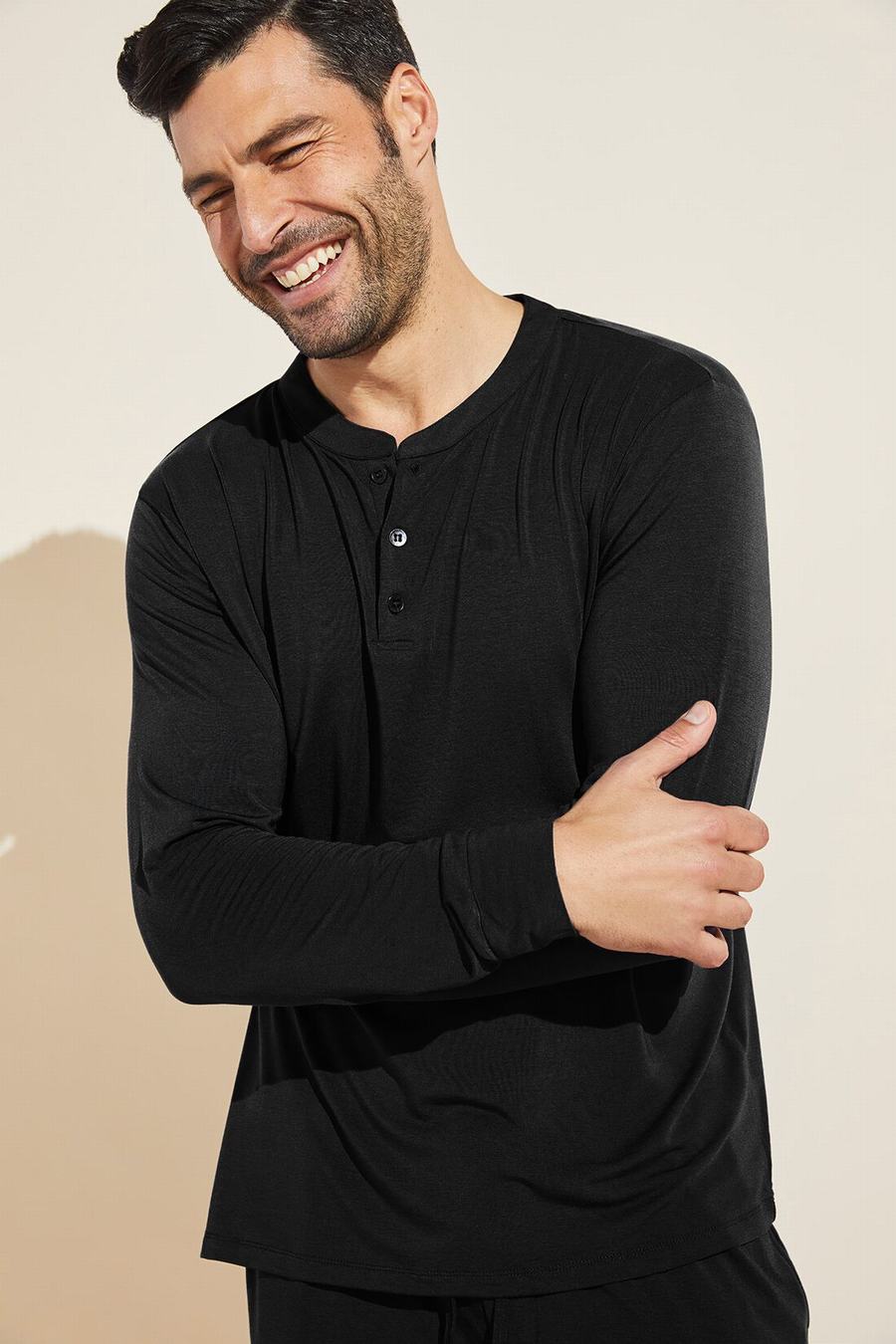 Eberjey Henry TENCEL™ Modal Long Sleeve Henley Men Tops Black | HGY9489GI