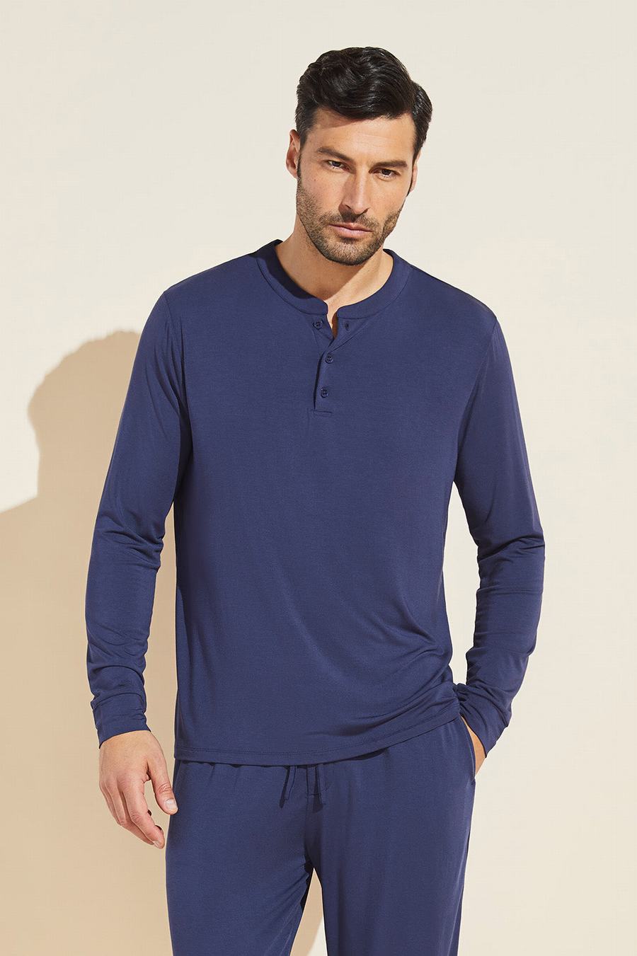 Eberjey Henry TENCEL™ Modal Long Sleeve Henley Men Tops Navy | WHN7217LD