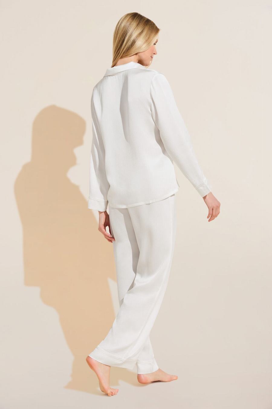 Eberjey Inez Textured Washable Silk Long PJ Set Women Pajamas White | FFA7374OY