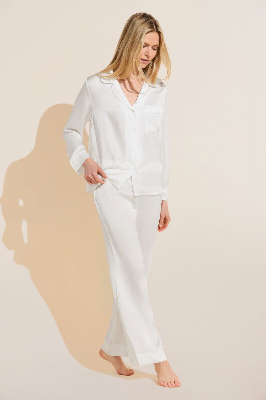 Eberjey Inez Textured Washable Silk Long PJ Set Women Pajamas White | FFA7374OY