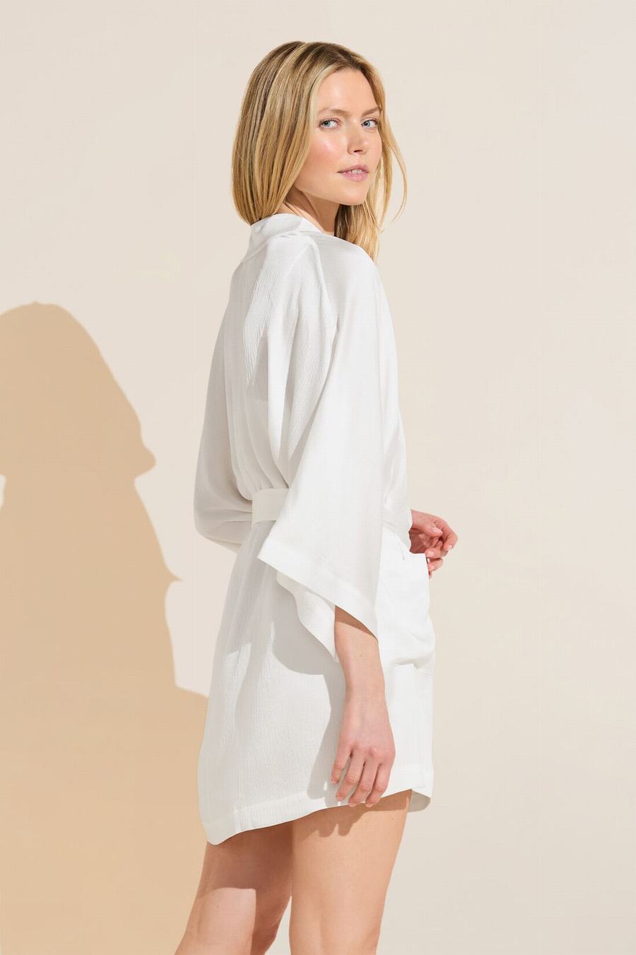 Eberjey Inez Textured Washable Silk Short Women Robe White | OUX7432IQ