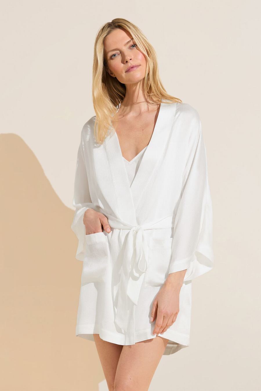 Eberjey Inez Textured Washable Silk Short Women Robe White | OUX7432IQ