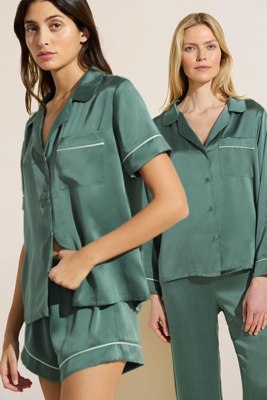 Eberjey Inez Washable Silk Long PJ Set Women Pajamas Green | TRT9475GN