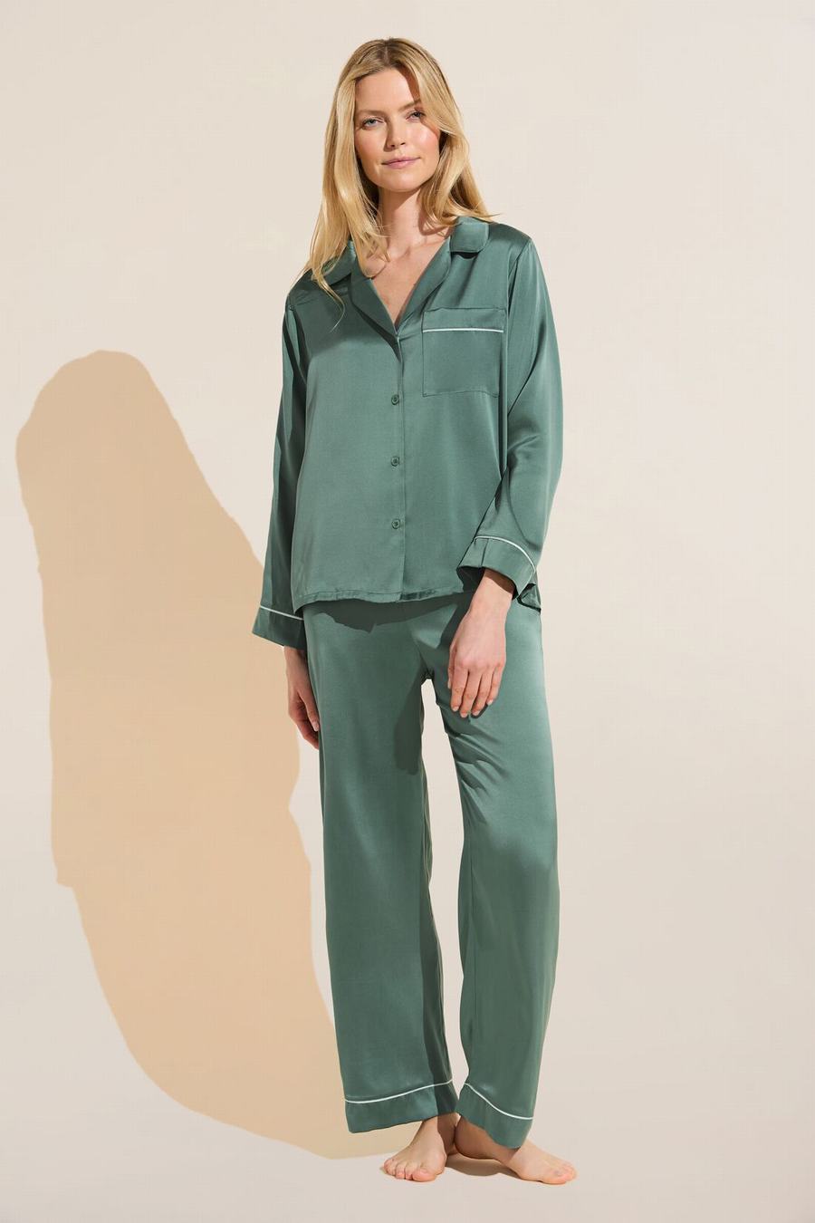 Eberjey Inez Washable Silk Long PJ Set Women Pajamas Green | TRT9475GN