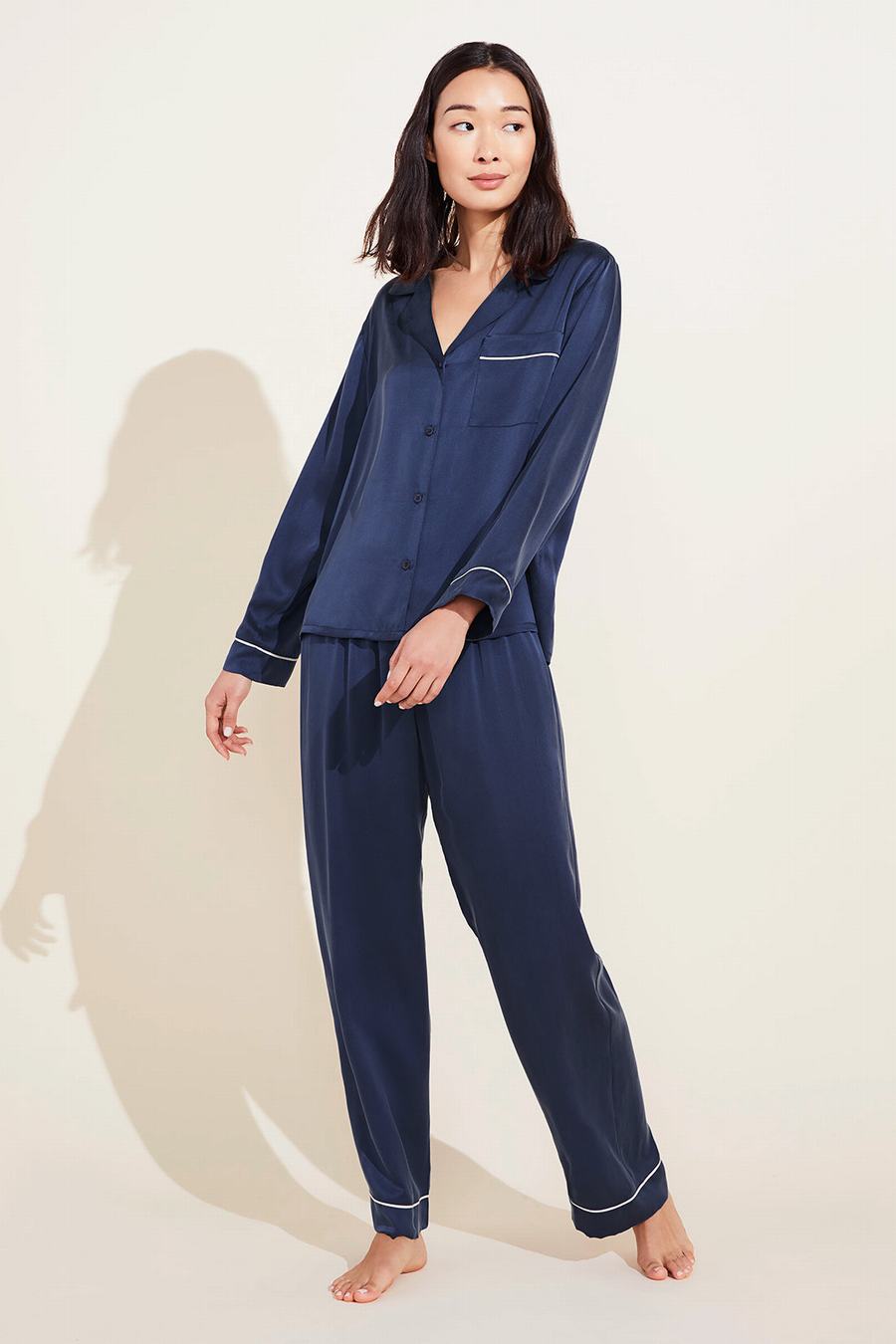 Eberjey Inez Washable Silk Long PJ Set Women Pajamas Navy | QYP5132CO