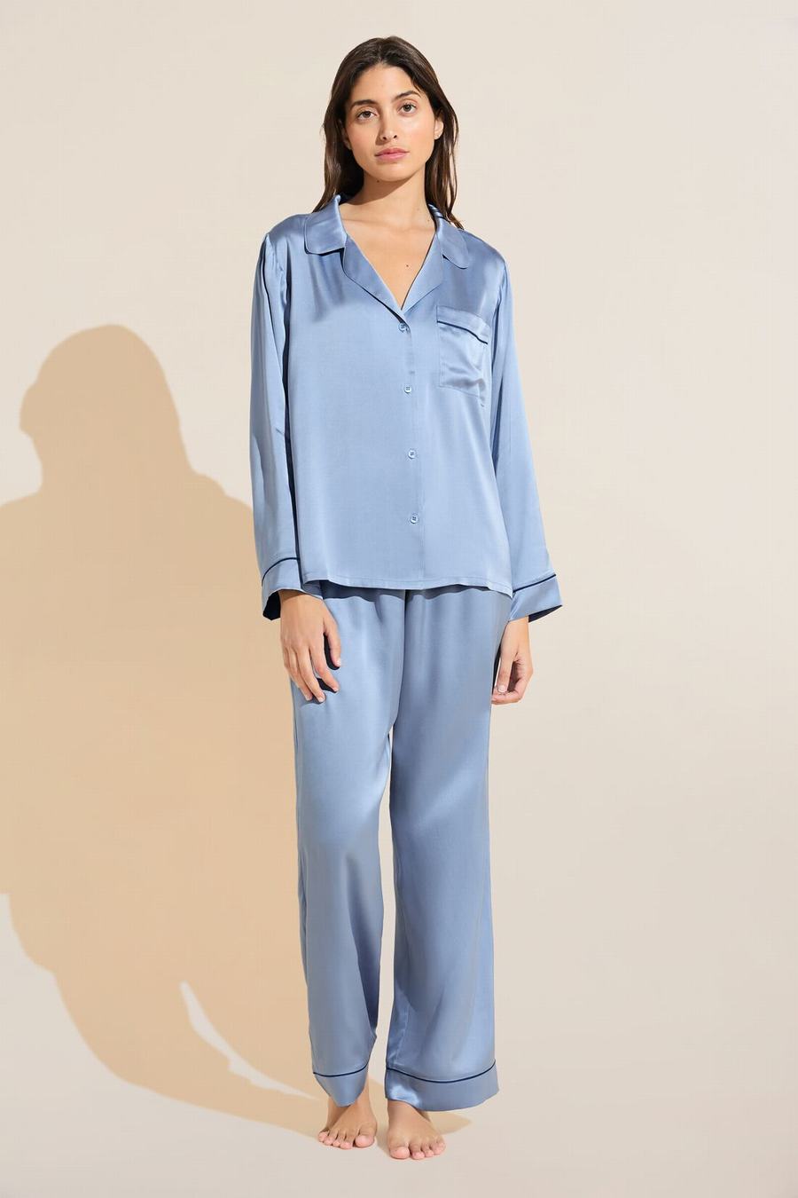 Eberjey Inez Washable Silk Long PJ Set Women Pajamas Blue Navy | VSQ3539FF