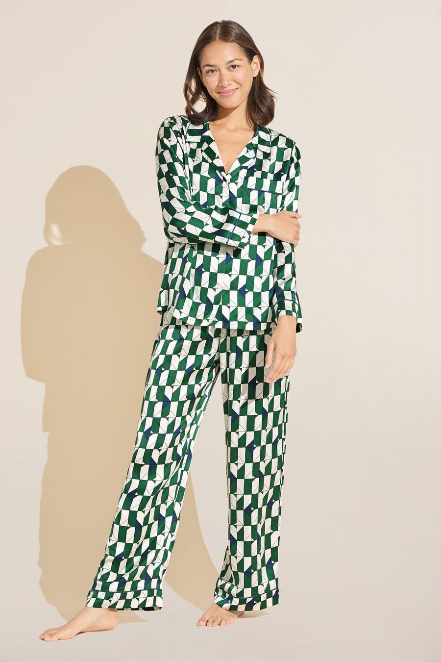 Eberjey Inez Washable Silk Printed Long PJ Set Women Pajamas Green Navy White | SBH8868GF