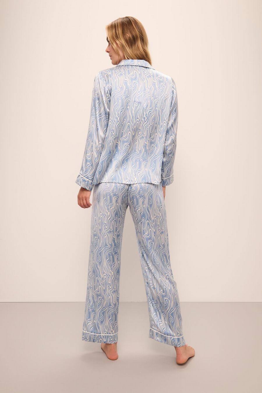 Eberjey Inez Washable Silk Printed Long PJ Set Women Pajamas Blue White | FMR7163LL