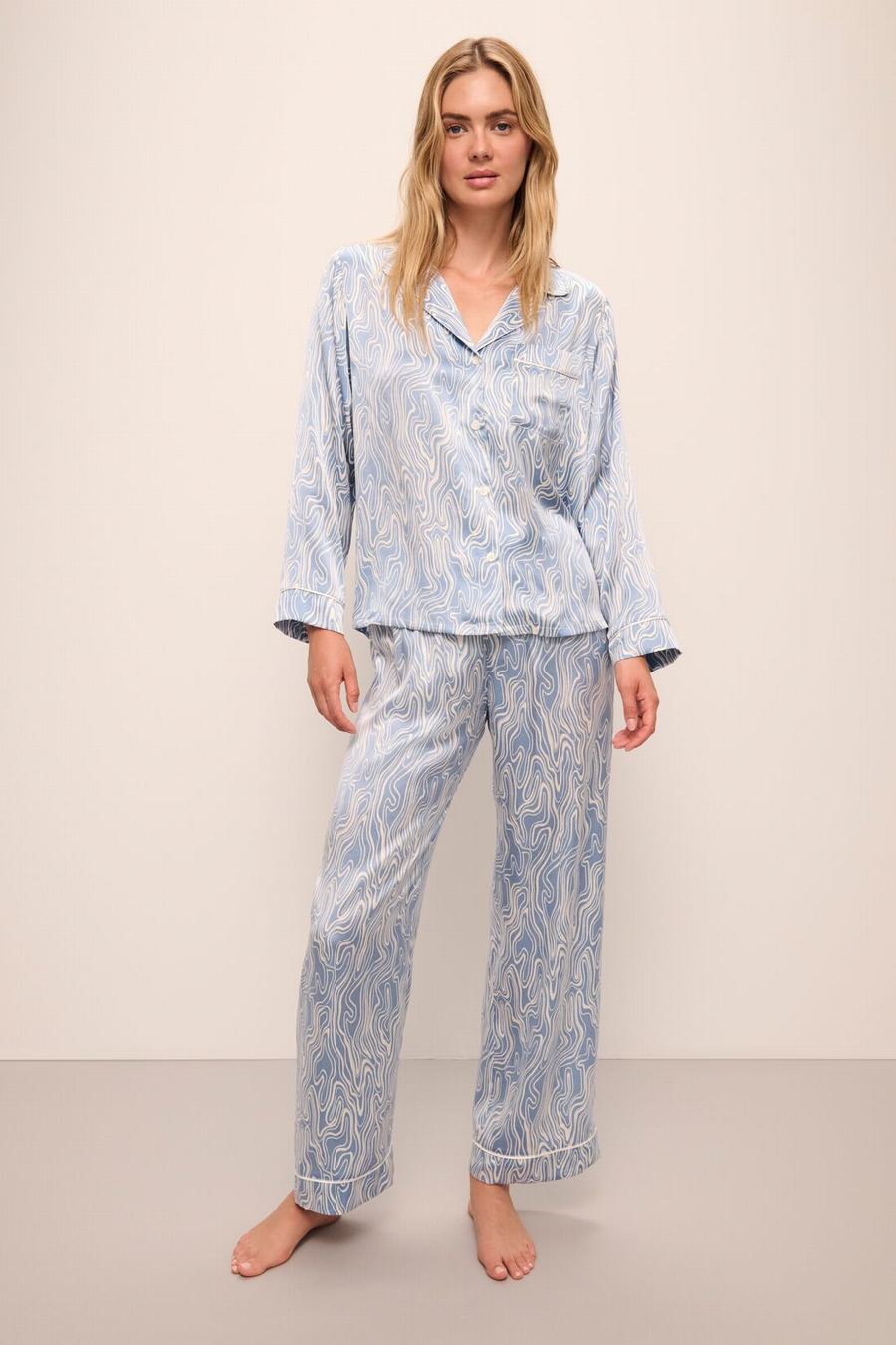 Eberjey Inez Washable Silk Printed Long PJ Set Women Pajamas Blue White | FMR7163LL