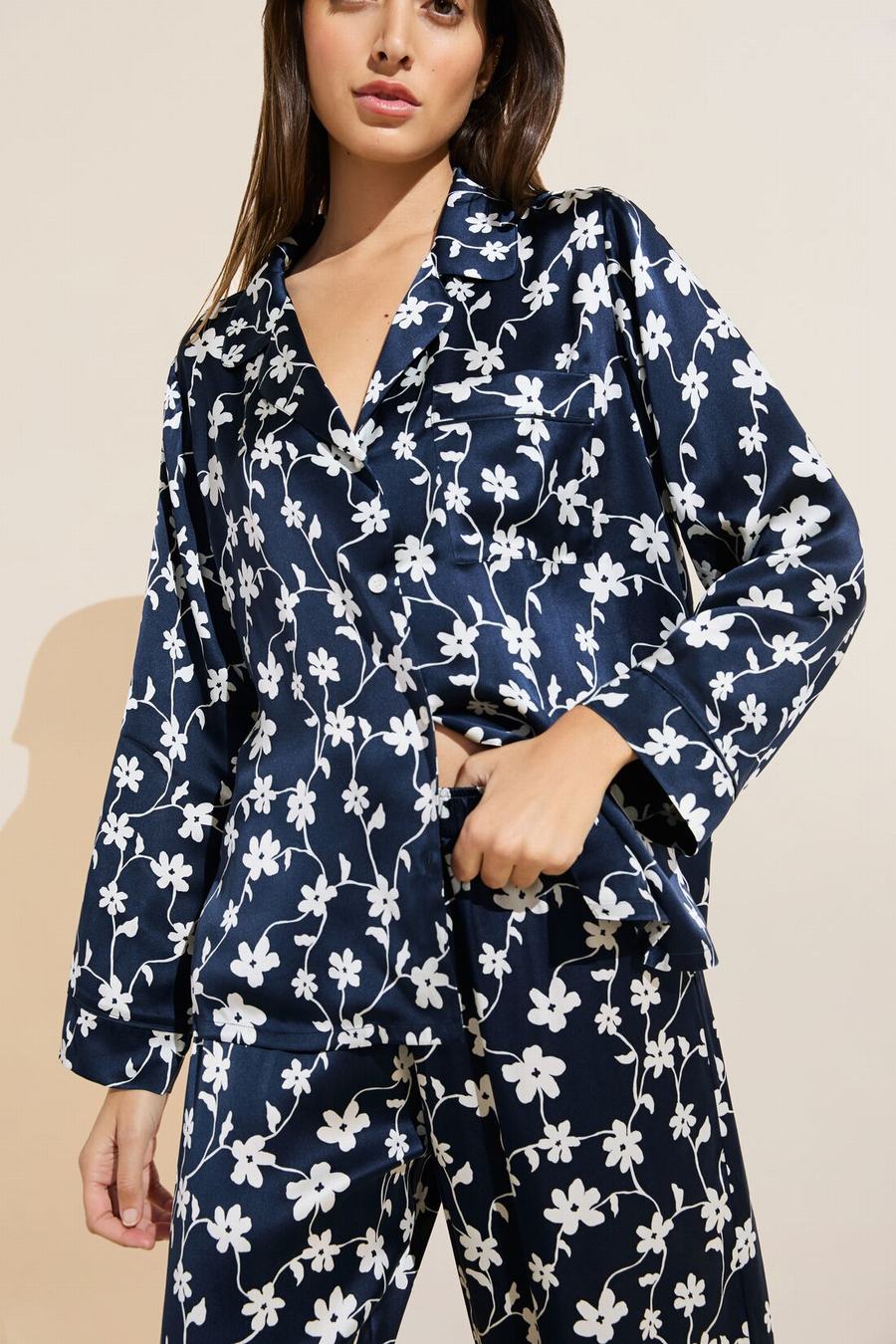 Eberjey Inez Washable Silk Printed Long PJ Set Women Pajamas Navy White | GXD146RM