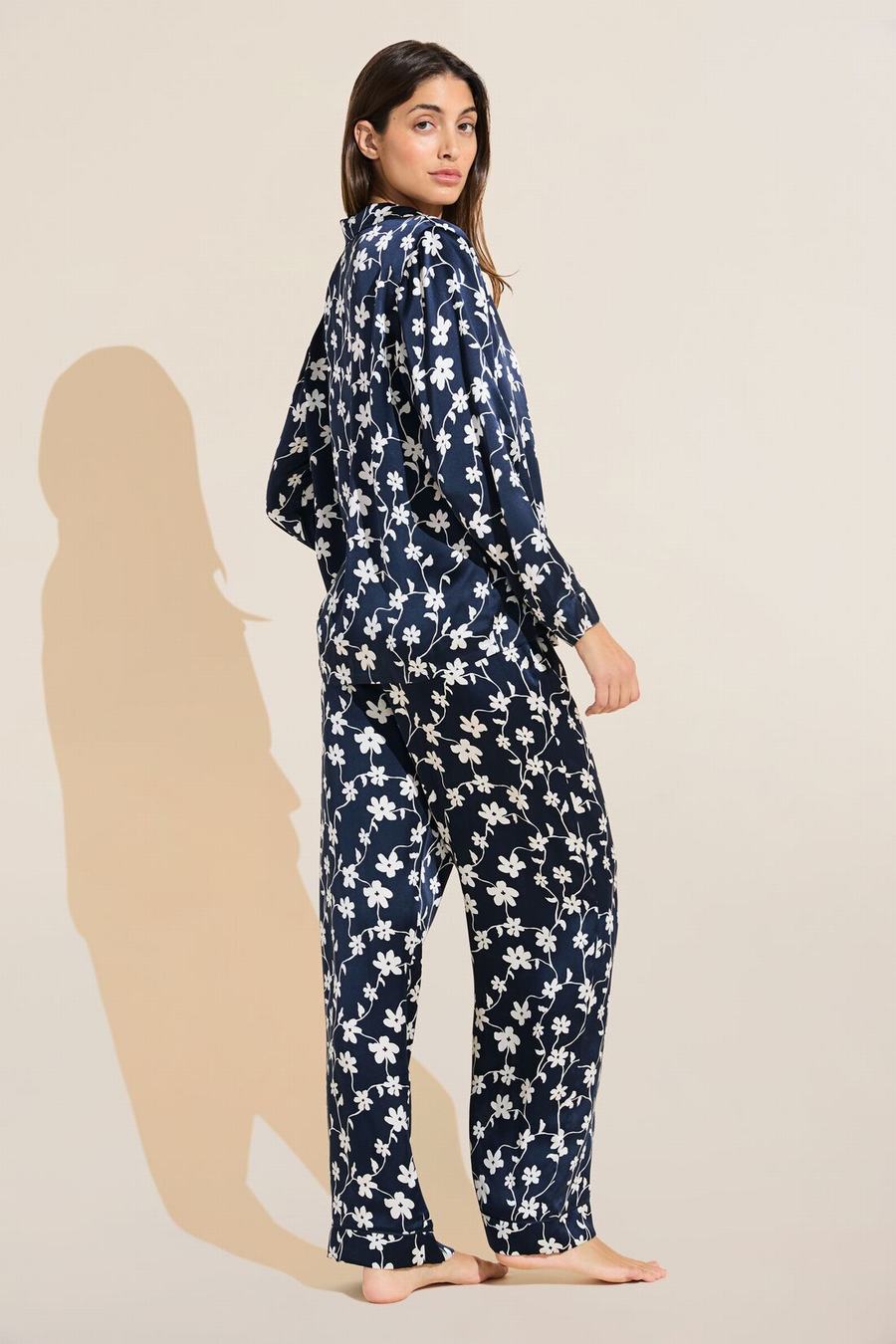 Eberjey Inez Washable Silk Printed Long PJ Set Women Pajamas Navy White | GXD146RM