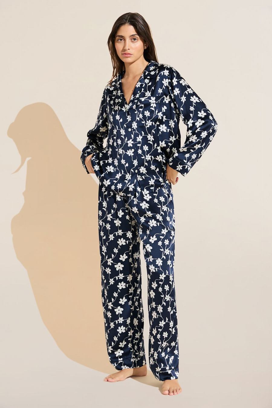 Eberjey Inez Washable Silk Printed Long PJ Set Women Pajamas Navy White | GXD146RM