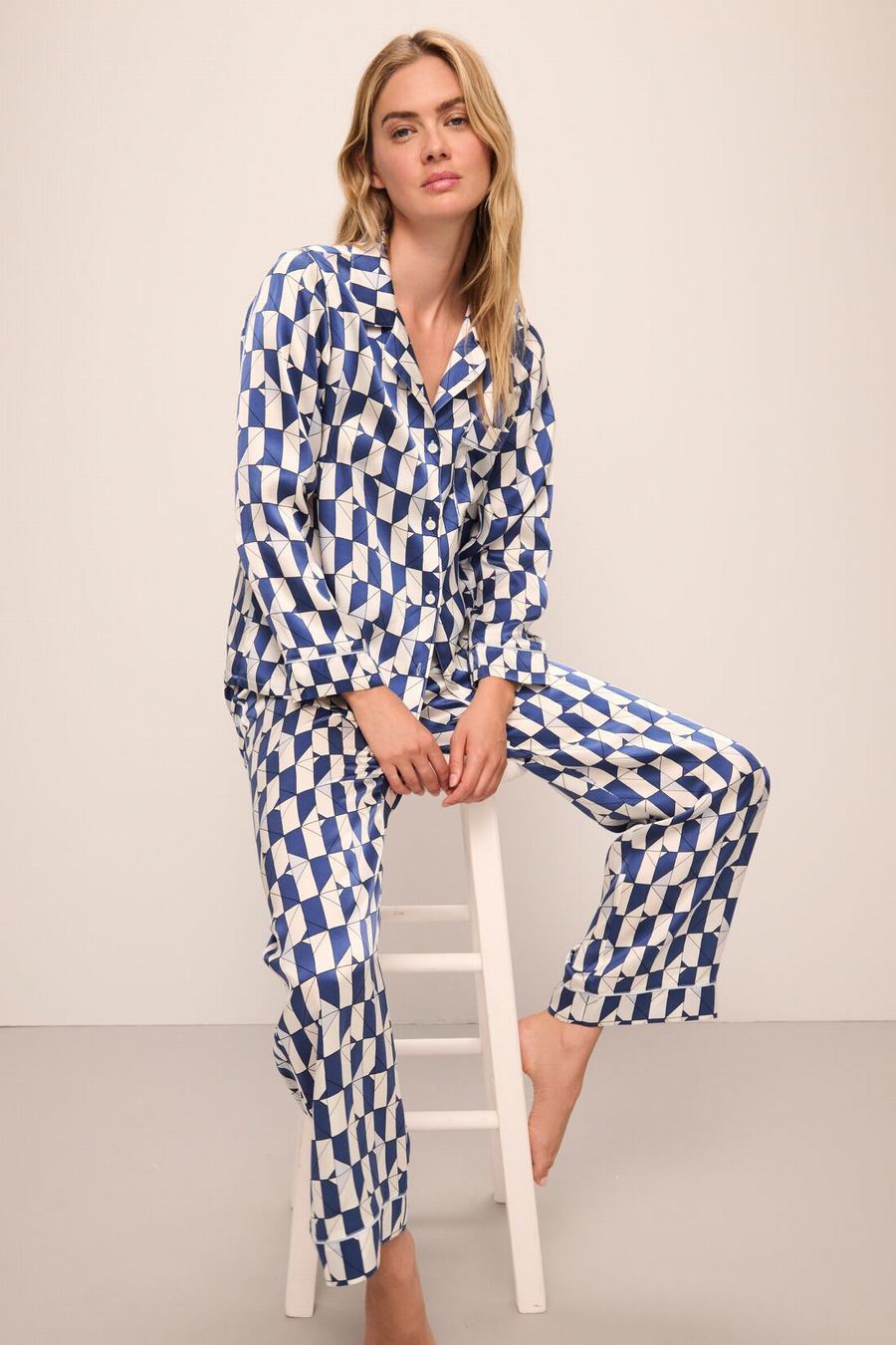 Eberjey Inez Washable Silk Printed Long PJ Set Women Pajamas Blue White | GFA7827LN