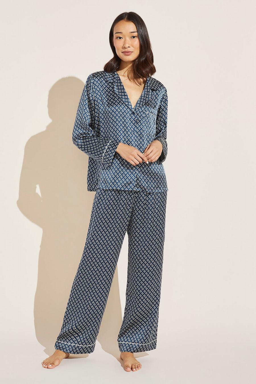 Eberjey Inez Washable Silk Printed Long PJ Set Women Pajamas Indigo Blue Beige | BFE9937ZZ