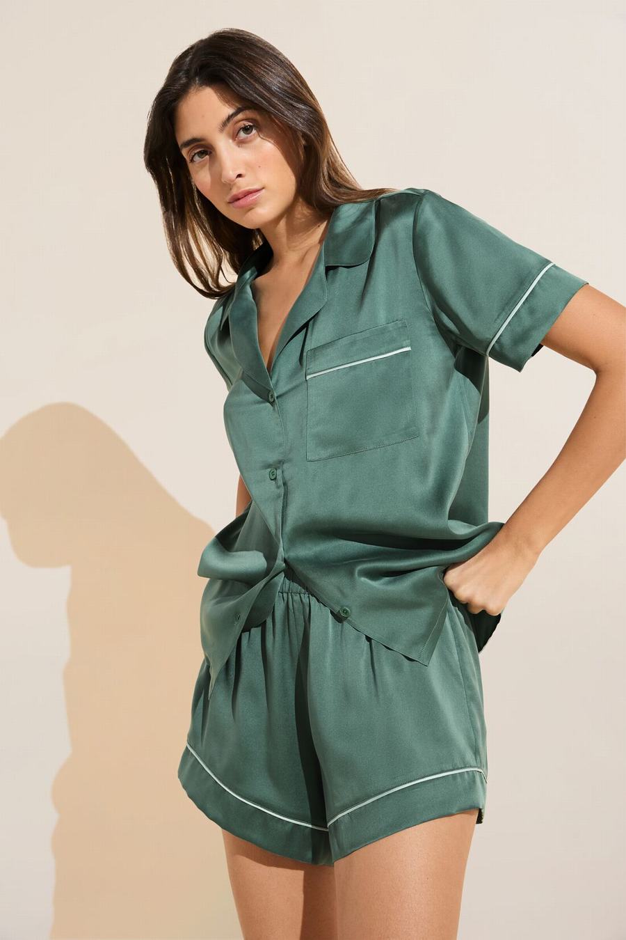 Eberjey Inez Washable Silk Short PJ Set Women Pajamas Dark Green | HJU2658SO