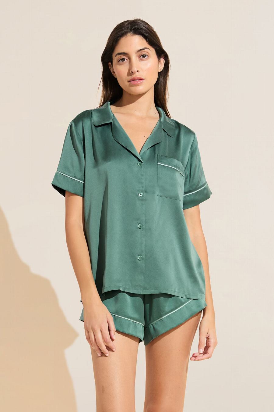 Eberjey Inez Washable Silk Short PJ Set Women Pajamas Dark Green | HJU2658SO