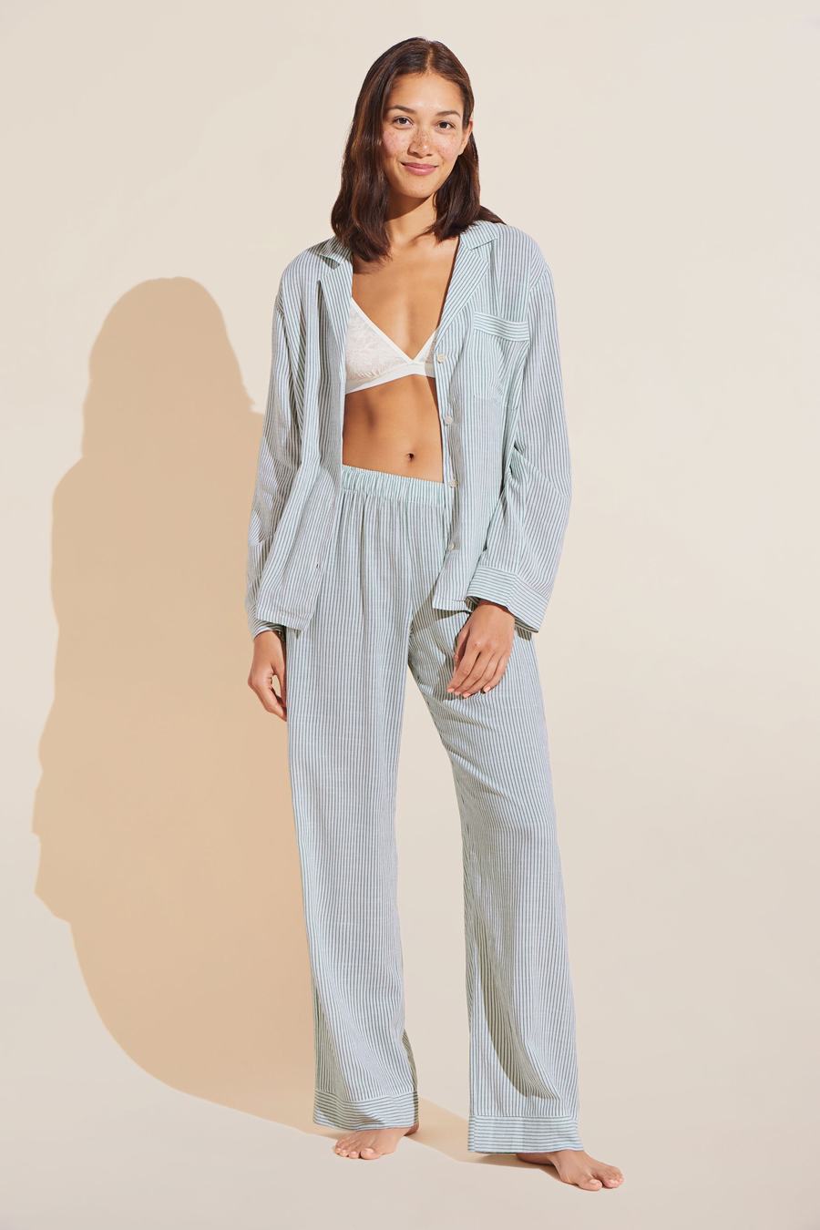 Eberjey Nautico Long PJ Set Women Pajamas White Green | JEP8173HE