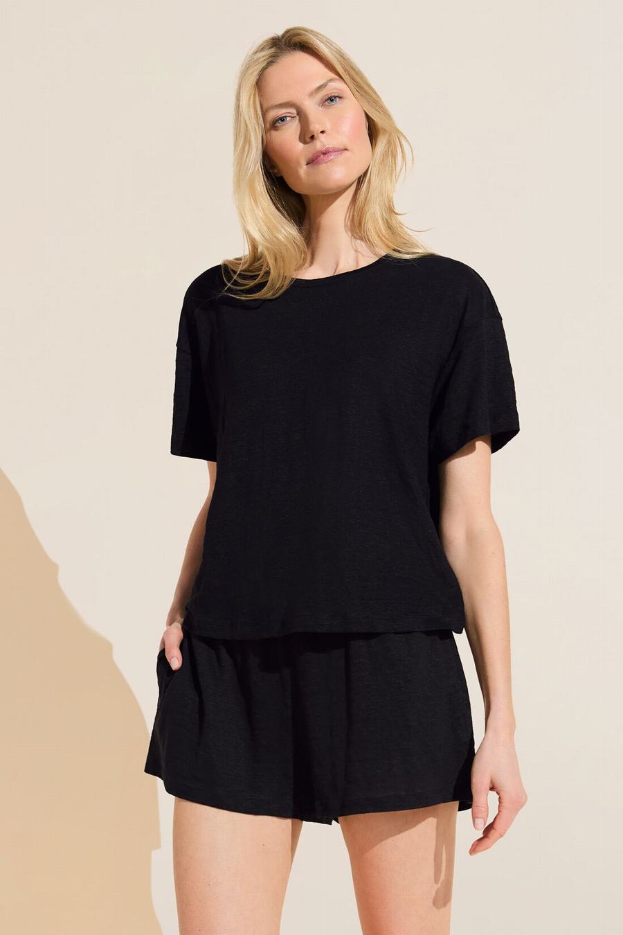 Eberjey Organic Linen Knit Short Sleeve Women T-Shirt Black | QTJ5783VS