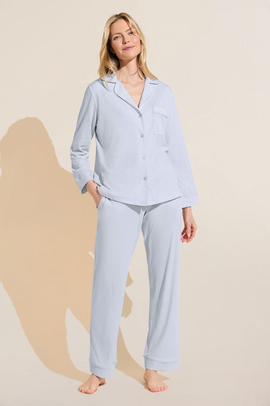 Eberjey Organic Pima Cotton Notch Collar Top & Pant PJ Set Women Pajamas Blue | RKC749TK