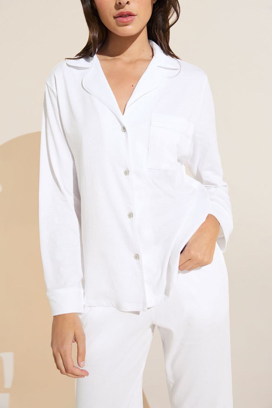 Eberjey Organic Pima Cotton Notch Collar Top & Pant PJ Set Women Pajamas White | YIO8991AI